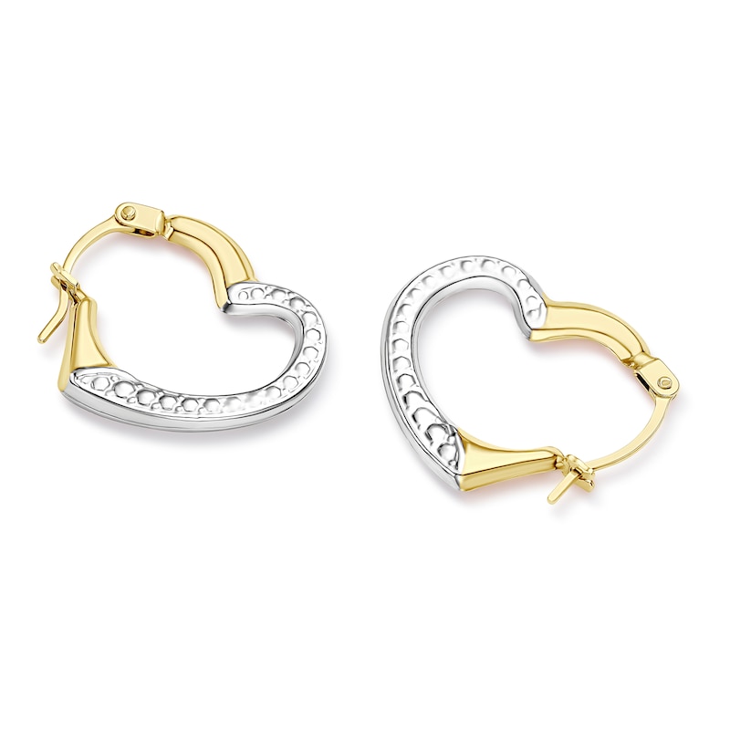 Main Image 2 of 9ct Yellow Gold Two-Tone Textured Heart Hoop Earrings
