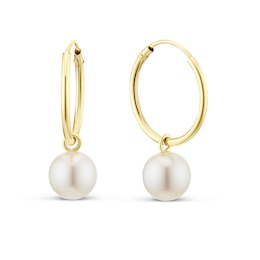 9ct Yellow Gold Freshwater Pearl Drop Hoop Earrings