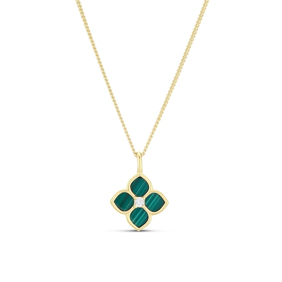 HS Edit ESSENTIALS Sterling Silver Yellow Gold Plated Flower Malachite & Cubic Zirconia Pendant Curb Chain Necklace 18"
