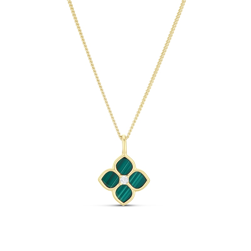 Main Image 1 of Sterling Silver Yellow Gold Plated Flower Malachite & Cubic Zirconia Pendant Curb Chain Necklace 18"