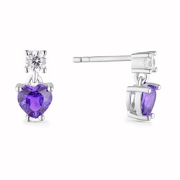 Sterling Silver Purple Cubic Zirconia Heart & White Cubic Zirconia Stud Earrings