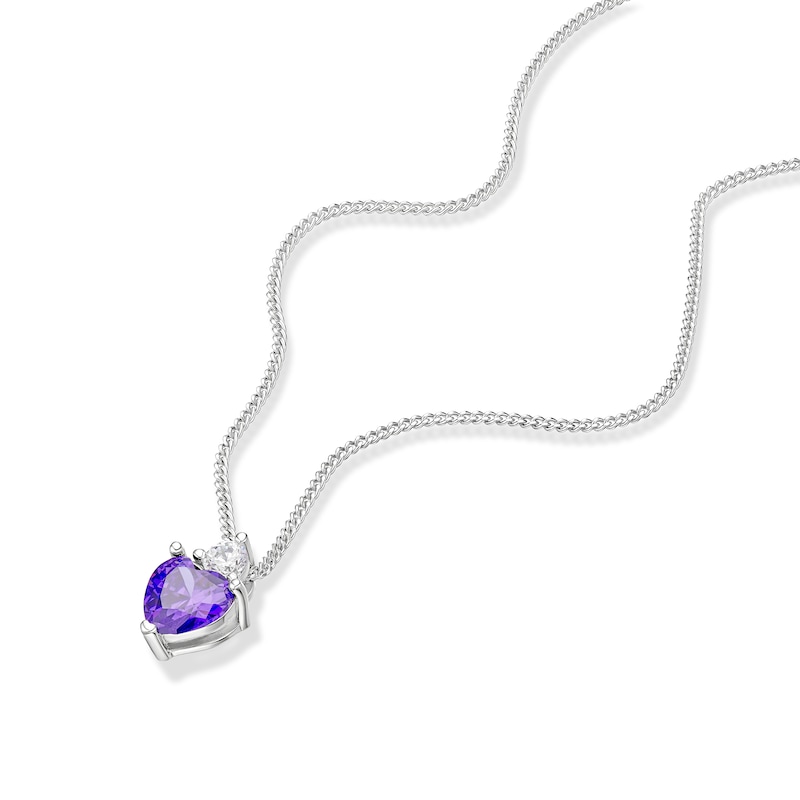 Main Image 2 of Sterling Silver Heart Shape Purple Cubic Zirconia & White Cubic Zirconia Pendant on Curb Chain 18"