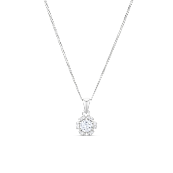Sterling Silver Cubic Zirconia Flower Pendant on Curb Chain 18"