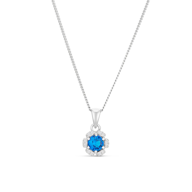 Main Image 1 of Sterling Silver Blue & White Cubic Zirconia Flower Pendant on Curb Chain 18"