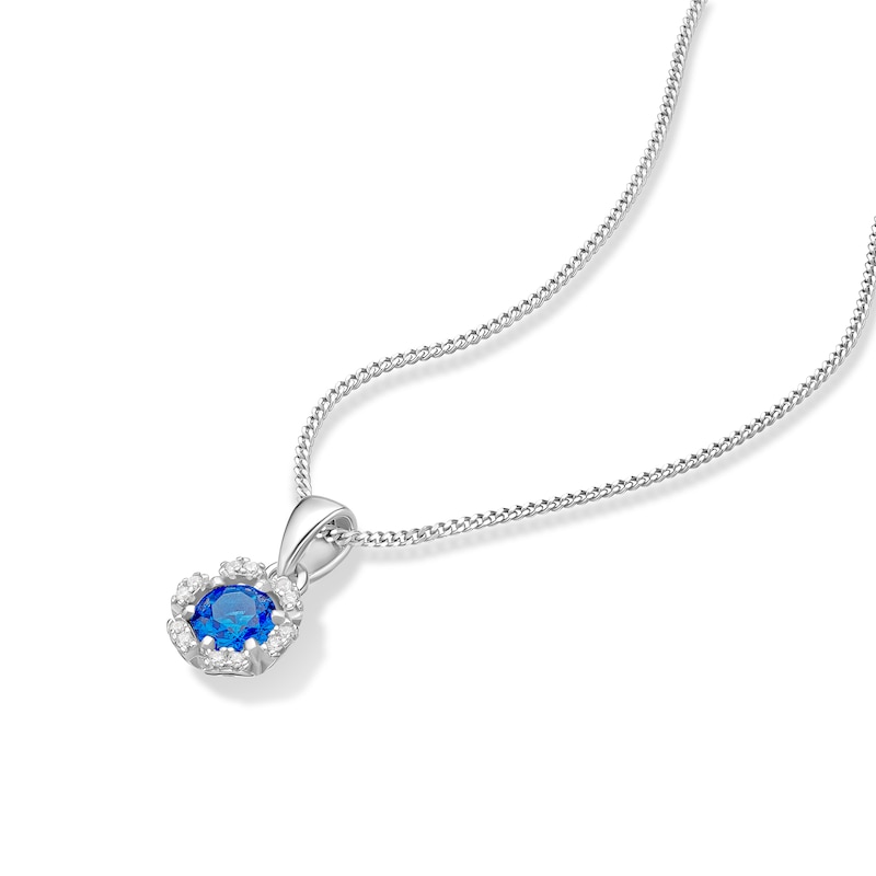 Main Image 2 of Sterling Silver Blue & White Cubic Zirconia Flower Pendant on Curb Chain 18"