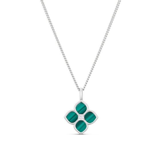 Sterling Silver Cubic Zirconia & Malachite Flower Pendant on Curb Chain 18"