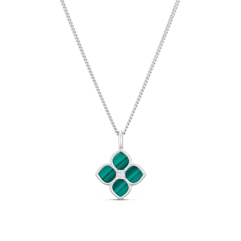 Main Image 1 of Sterling Silver Cubic Zirconia & Malachite Flower Pendant on Curb Chain 18"