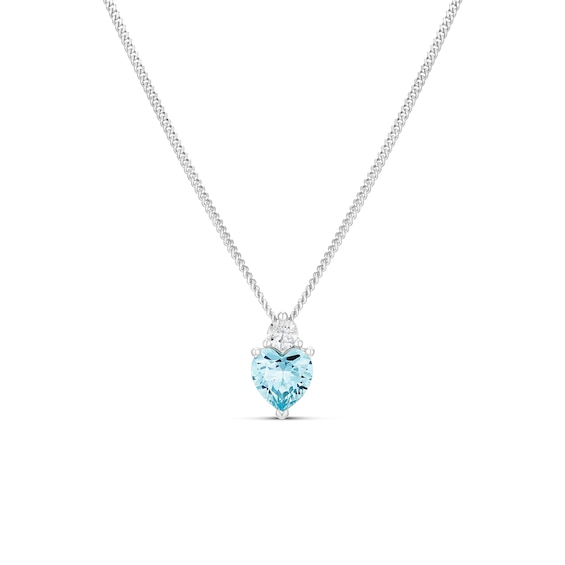 Sterling Silver Heart Shape Light Blue Cubic Zirconia & White Cubic Zirconia Pendant on Curb Chain 18"