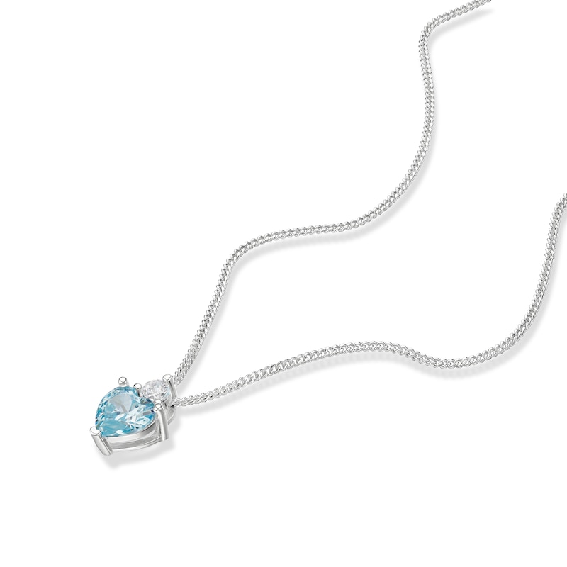Main Image 2 of Sterling Silver Heart Shape Light Blue Cubic Zirconia & White Cubic Zirconia Pendant on Curb Chain 18"