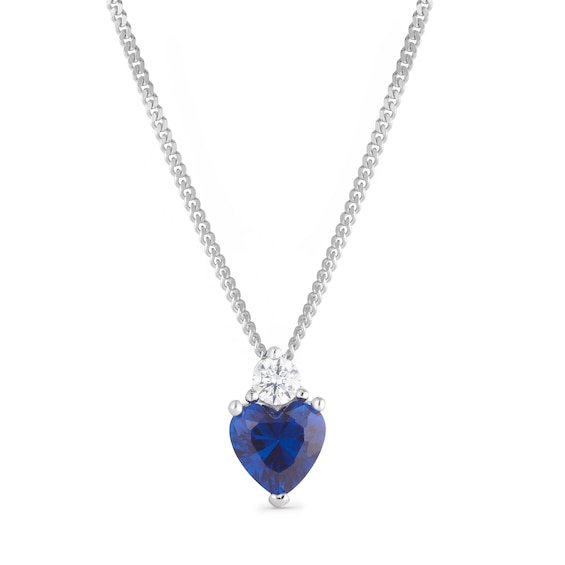 Sterling Silver Heart Shape Synthetic Blue Spinel & White Cubic Zirconia Pendant on Curb Chain 18"