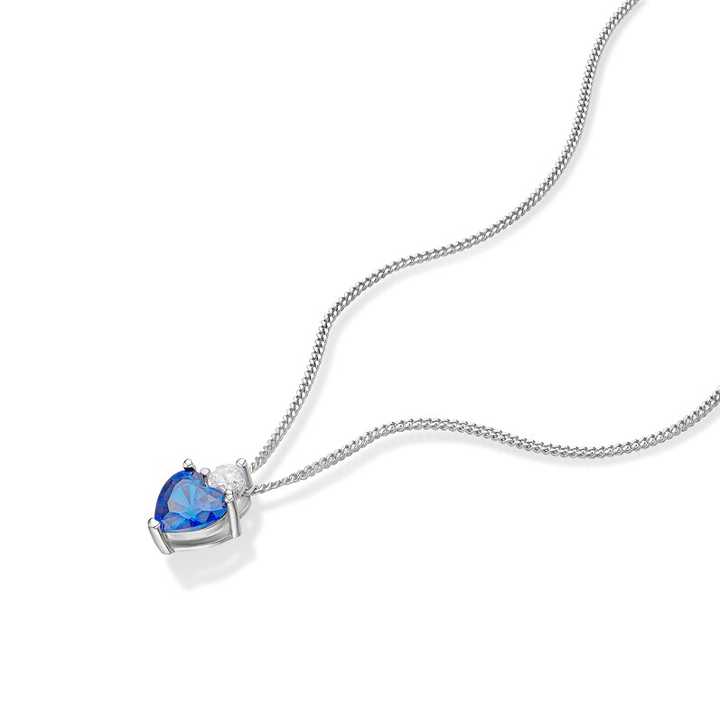 Main Image 2 of Sterling Silver Heart Shape Synthetic Blue Spinel & White Cubic Zirconia Pendant on Curb Chain 18"