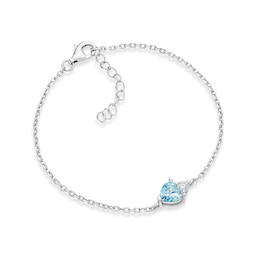 Sterling Silver Light Blue Cubic Zirconia Heart Charm Bracelet 6.3+1"