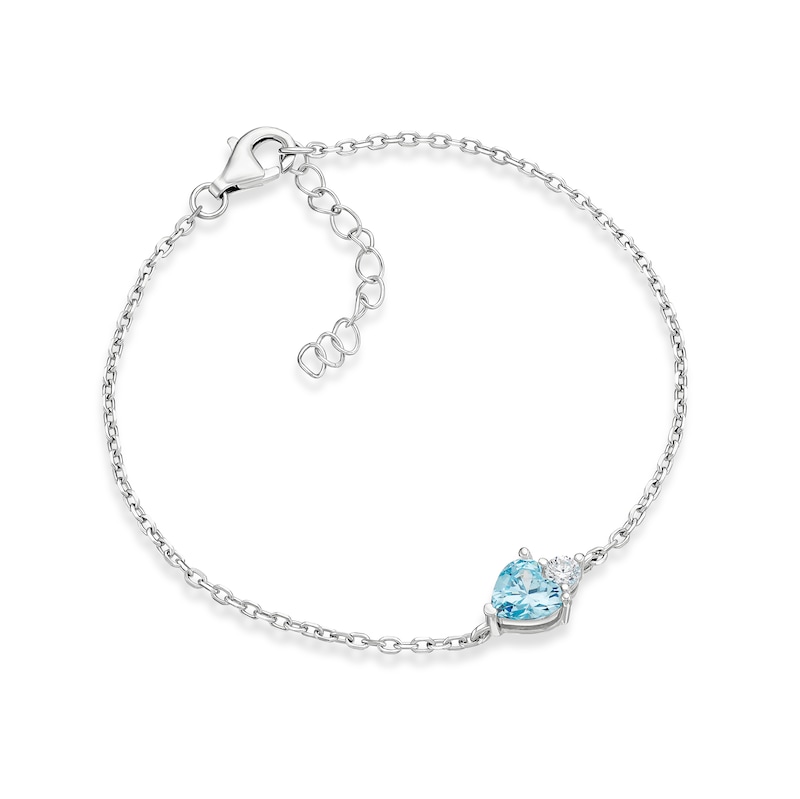 Main Image 1 of Sterling Silver Light Blue Cubic Zirconia Heart Charm Bracelet 6.3+1"