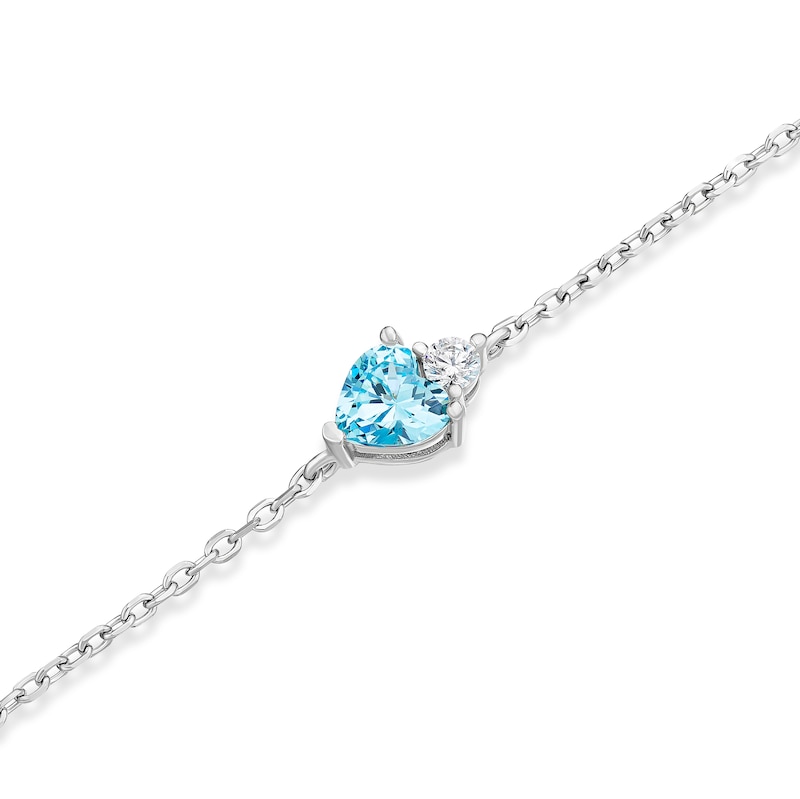 Main Image 2 of Sterling Silver Light Blue Cubic Zirconia Heart Charm Bracelet 6.3+1"