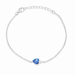 Sterling Silver Synthetic Blue Spinel Heart & White Cubic Zirconia Charm Bracelet 6.3 + 1"
