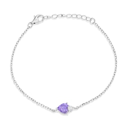 Sterling Silver Heart Shape Purple Cubic Zirconia & White Cubic Zirconia Bracelet 16+3cm