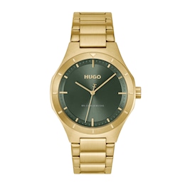 HUGO #LIT Men's Green Dial & Gold IP Stainless Steel Bracelet Watch