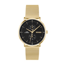 HUGO #STYLE Men's Black Dial & Gold IP Stainless Steel Bracelet Watch