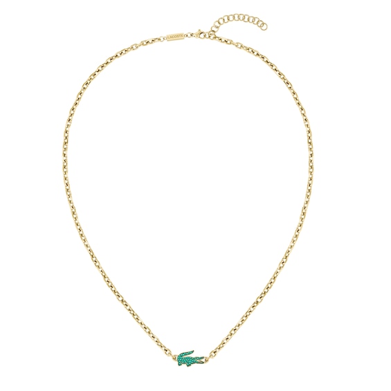 Lacoste Arthor Mens Gold IP Link Necklace with Green Crystal