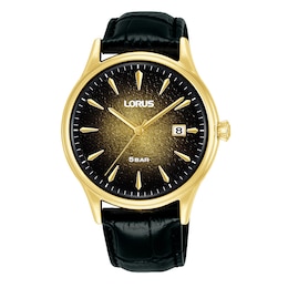 Lorus Men's Signature Champagne Dial Black Leather Strap Watch