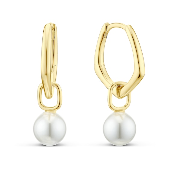 Sterling Silver Yellow Gold Plated Synthetic Pearl Charm Hoop Earrings