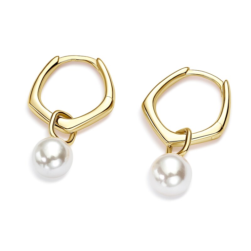 Main Image 2 of Sterling Silver Yellow Gold Plated Synthetic Pearl Charm Hoop Earrings