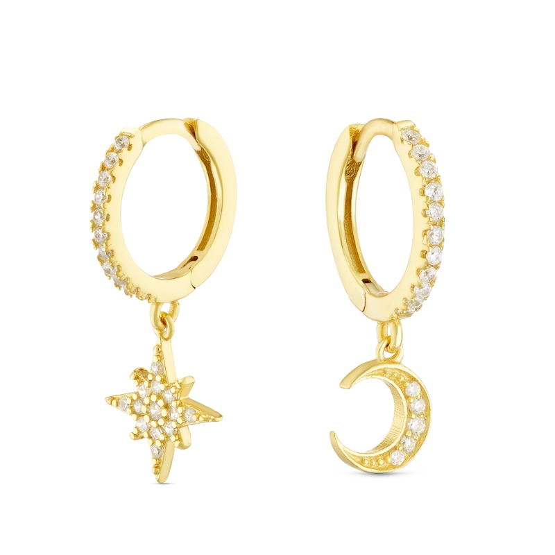 Main Image 1 of Sterling Silver Yellow Gold Plated Cubic Zirconia Moon & Star Drop Asymmetric Hoop Earrings