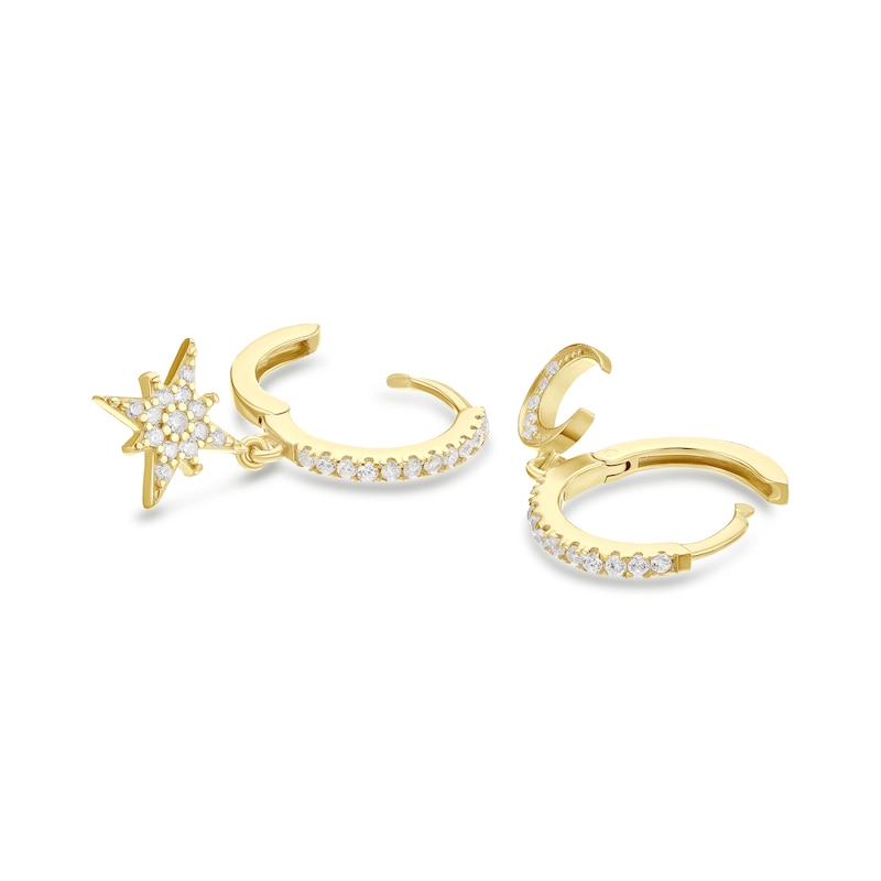 Main Image 2 of Sterling Silver Yellow Gold Plated Cubic Zirconia Moon & Star Drop Asymmetric Hoop Earrings
