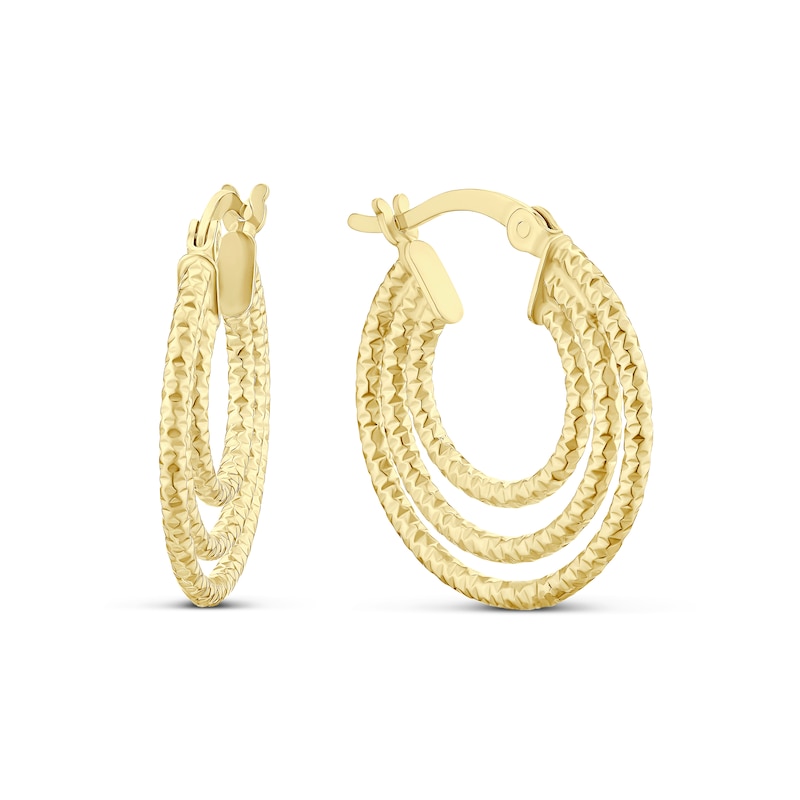 Main Image 1 of Sterling Silver Yellow Gold Plated Triple Diamond Cut Tube Hoop Earrings 20mm