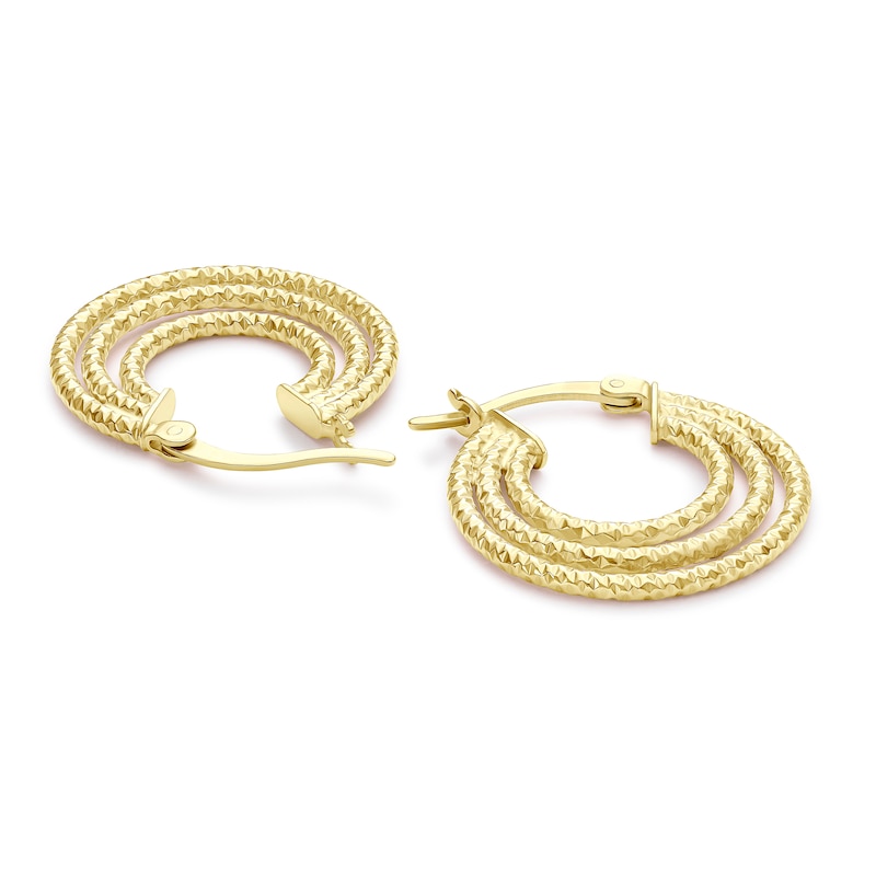 Main Image 2 of Sterling Silver Yellow Gold Plated Triple Diamond Cut Tube Hoop Earrings 20mm