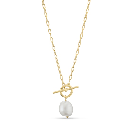 Sterling Silver Yellow Gold Plated Freshwater Pearl T Bar Necklace