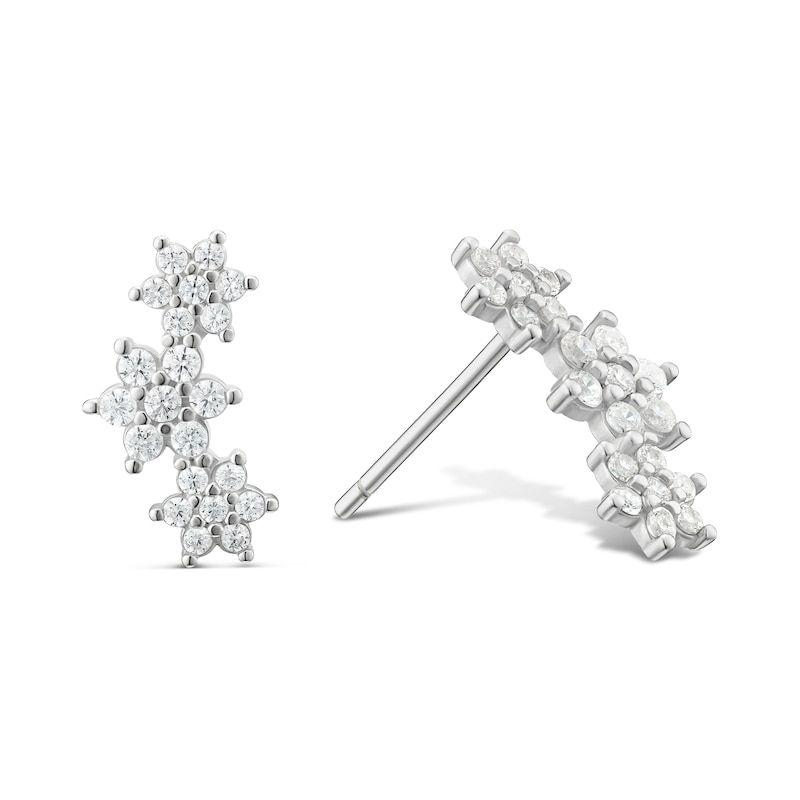 Main Image 1 of Sterling Silver Cubic Zirconia Flower Climber Stud Earrings