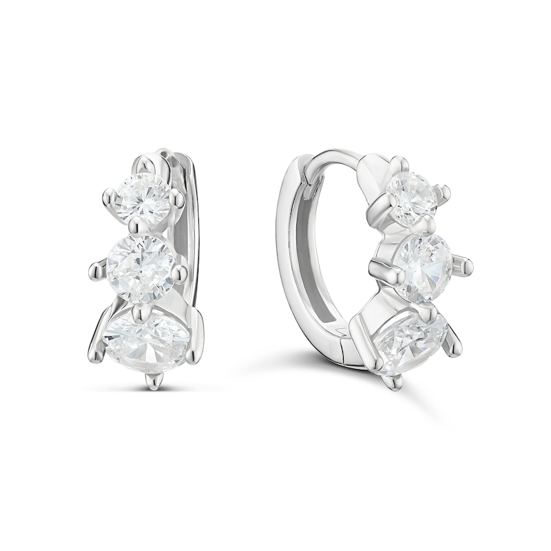 Main Image 1 of Sterling Silver Cubic Zirconia Graduated 3 Stone Huggie Hoop Earrings