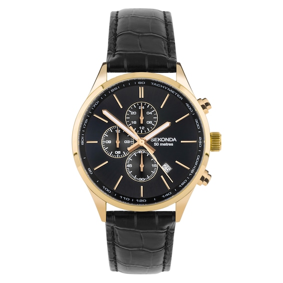 Sekonda Men's Endurance Dual Time Black Dial & Black Leather Strap Watch