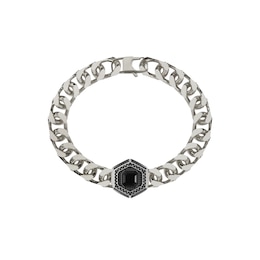 Guess Lion King Men's Black Hexagonal Crystal Charm Silver Bracelet 8.3"