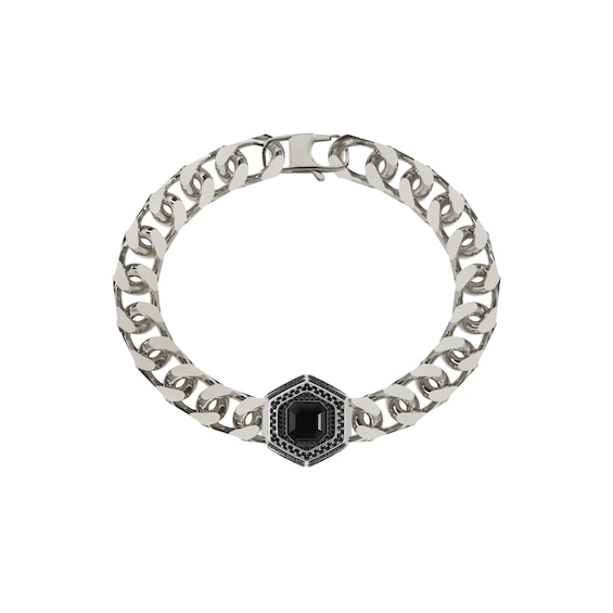 Guess Lion King Mens Black Hexagonal Crystal Charm Silver Br