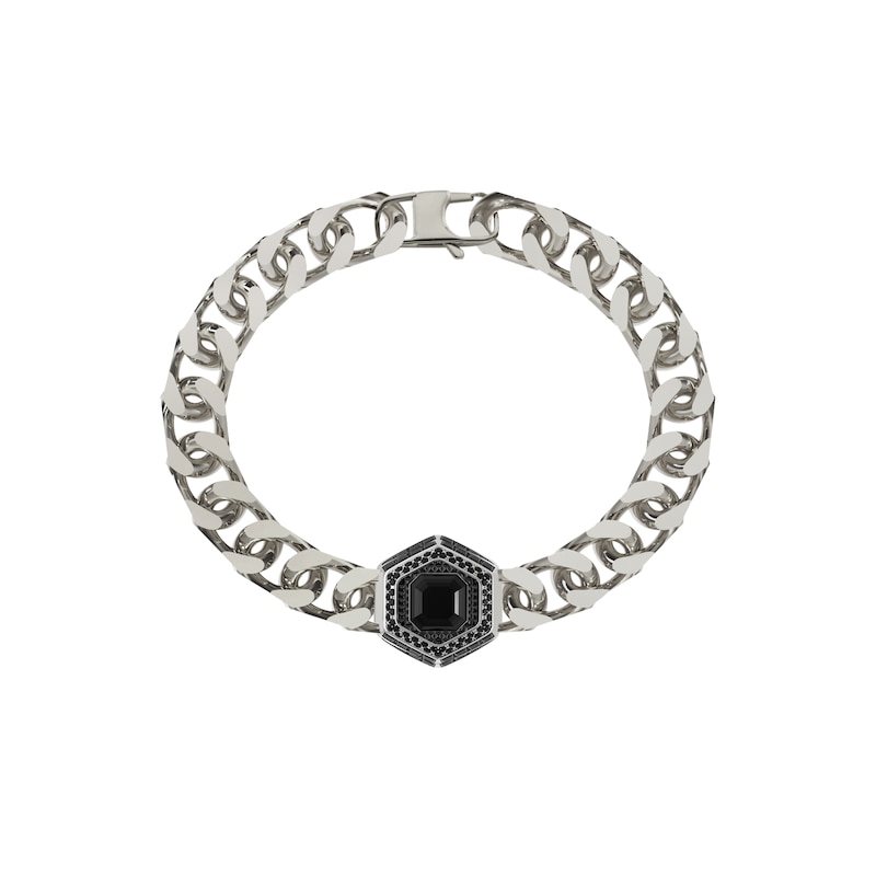 Main Image 1 of Guess Lion King Men's Black Hexagonal Crystal Charm Silver Bracelet 8.3"