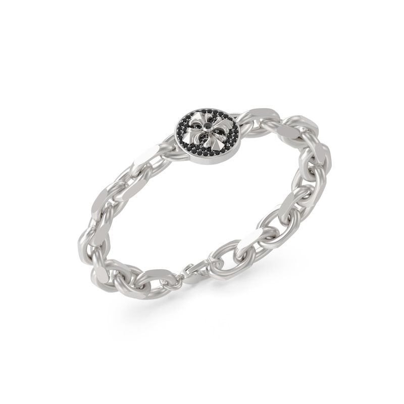 Main Image 1 of Guess Savage Rebel Men's Black Crystal Charm Silver Chain Bracelet 8.3"