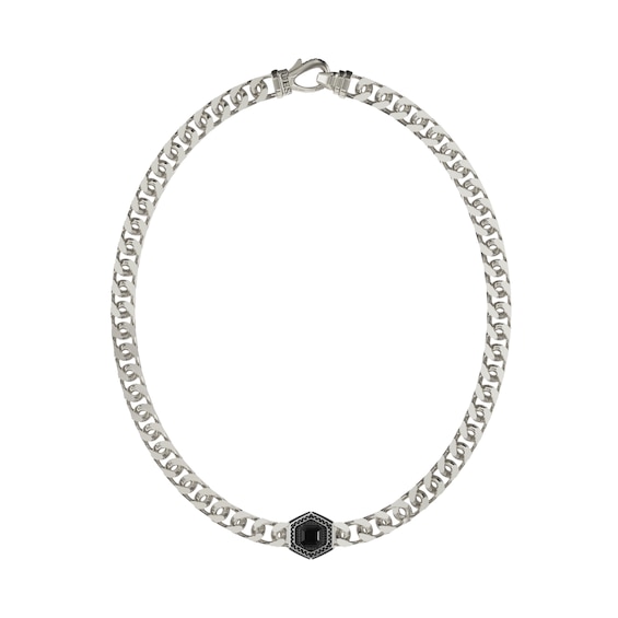 Guess Lion King Mens Black Round Crystal Pendant Silver Neck