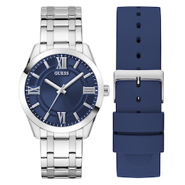 Guess Men's 44mm Blue Dial Interchangeable Stainless Steel Bracelet And Navy Silicone Strap Watch
