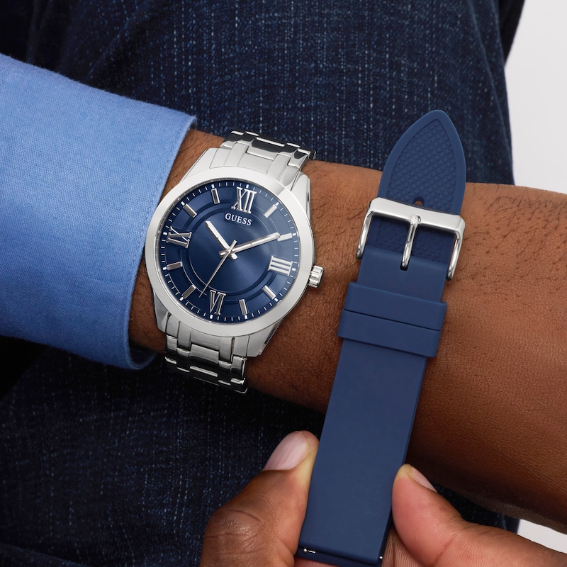 Main Image 3 of Guess Men's 44mm Blue Dial Interchangeable Stainless Steel Bracelet And Navy Silicone Strap Watch