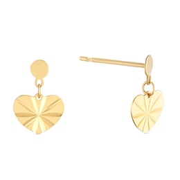 9ct Yellow Gold Diamond Cut Heart Drop Earrings
