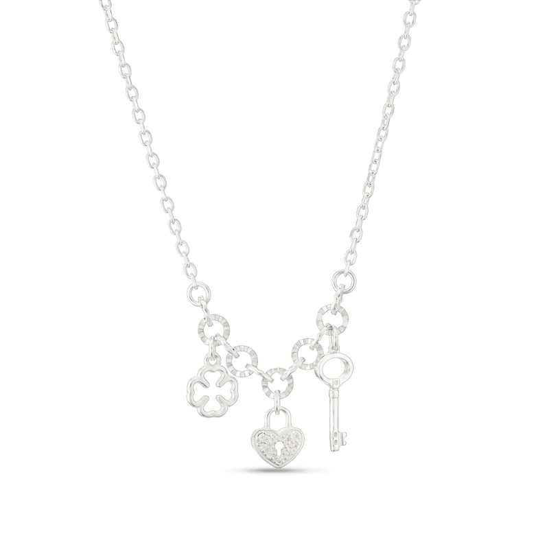 Main Image 1 of Sterling Silver Clover, Key & Cubic Zirconia Heart Charm Necklace