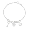 Thumbnail Image 1 of Sterling Silver Clover, Key & Cubic Zirconia Heart Charm Bracelet