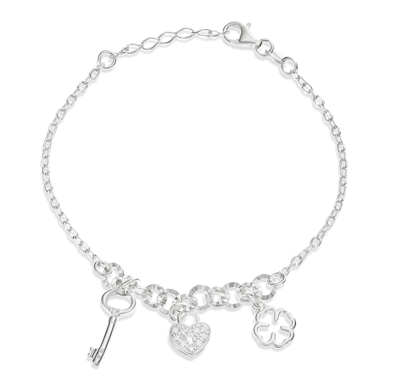 Main Image 1 of Sterling Silver Clover, Key & Cubic Zirconia Heart Charm Bracelet