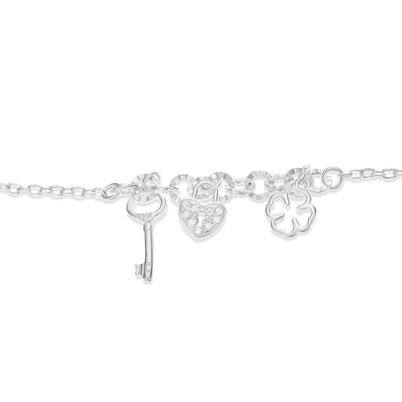 Main Image 2 of Sterling Silver Clover, Key & Cubic Zirconia Heart Charm Bracelet