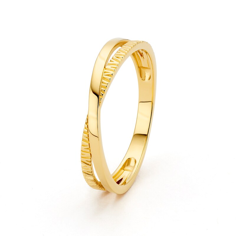 Main Image 2 of Sterling Silver Yellow Gold Plated Polished & Textured Crossover Ring