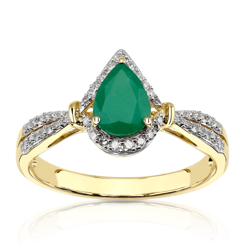 9ct Yellow Gold 0.14ct Diamond & Pear Emerald Ring