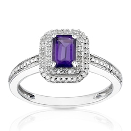 9ct White Gold Diamond & Octagon Amethyst Double Halo Ring