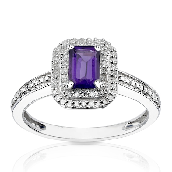 9ct White Gold Diamond and Octagon Amethyst Double Halo Ring